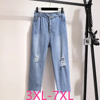 

2020 spring summer plus size jeans for women large loose casual elastic waist hole denim long pants wathet 3XL 4XL 5XL 6XL 7XL