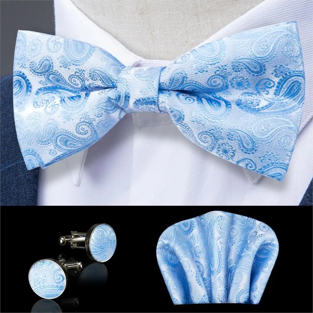 Bow Tie Light Blue Paisley Silk Bowtie Mens Wedding Bowtie Pocket Square Cufflink Set Suit Wedding Party DiBanGu Designer LH-134