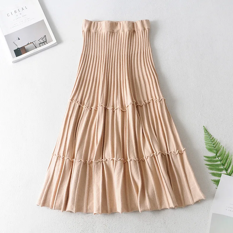 Черная, хаки, серая, эластичная, высокая талия, миди, плиссированная, линия, теплая трикотажная юбка для женщин, женские юбки saia sais faldas