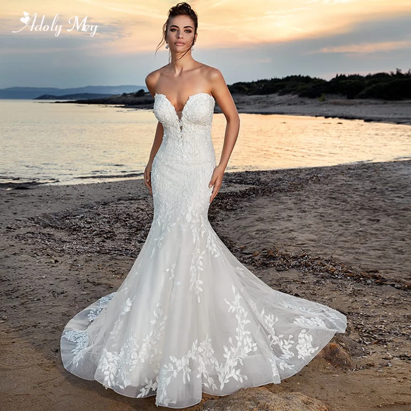 

Adoly Mey Romanric Strapless Zipper Up Mermaid Wedding Dresses 2020 Court Train Appliques Beaded Trumpet Bridal Gown Plus Size