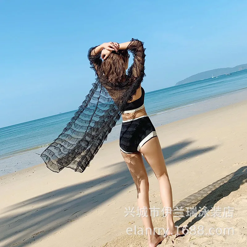 

South Korea Bathing Suit Women's Tennis Red-Immortal Bikini Three-piece Set Cover-up Small Bust French GIRL'S Sexy Seaside Holid