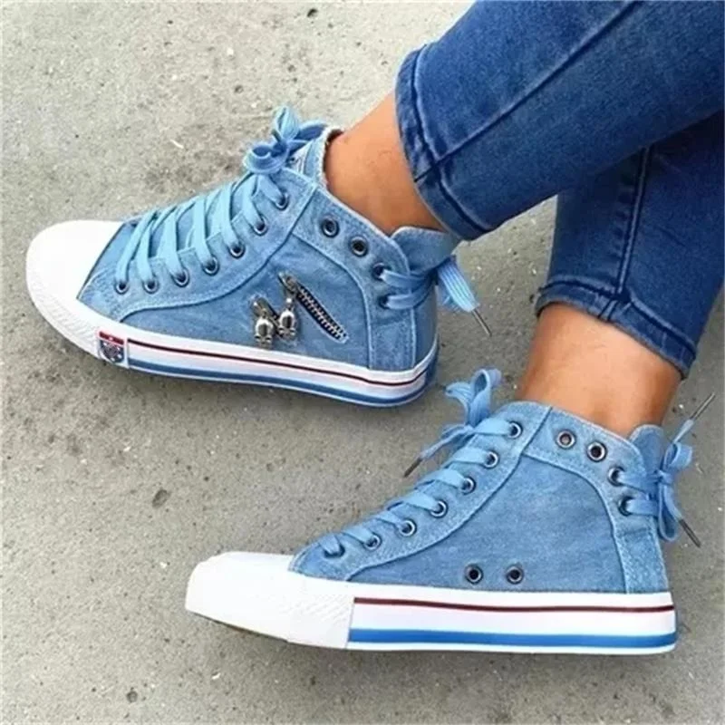 Women New Denim Flat-heel Round Toe Lace-up Skull Metal Decoration High-top Comfortable Fashion Classic Platform Casual Sneakers women shoes,casual sneakers,women sneakers