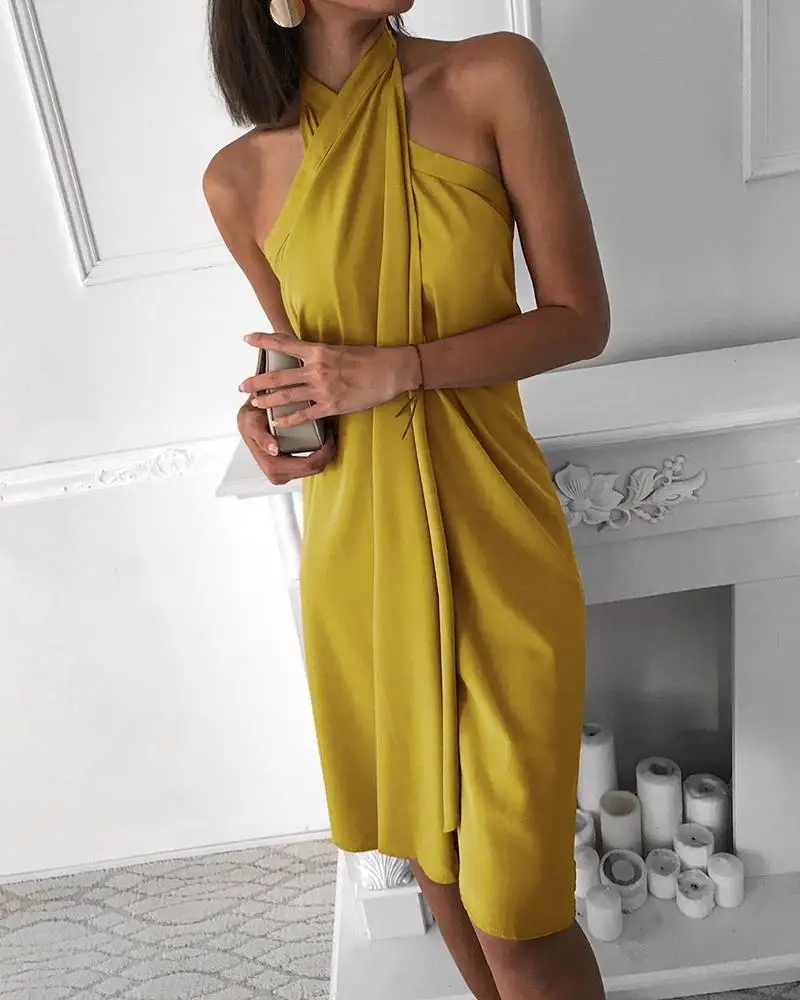 

Halter Sleeveless Ruched Design Dress Women Sleeveless Sexy Party Dress roupa feminina