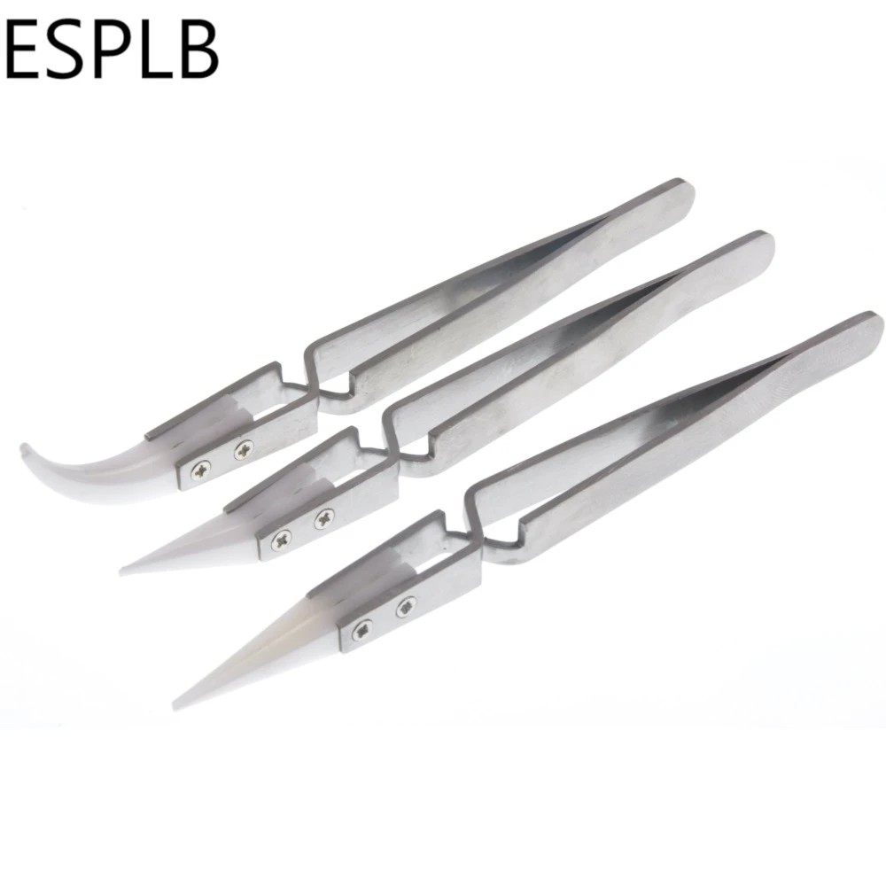 Reverse Ceramic Tweezers Silver White Anti Static Stainless Steel