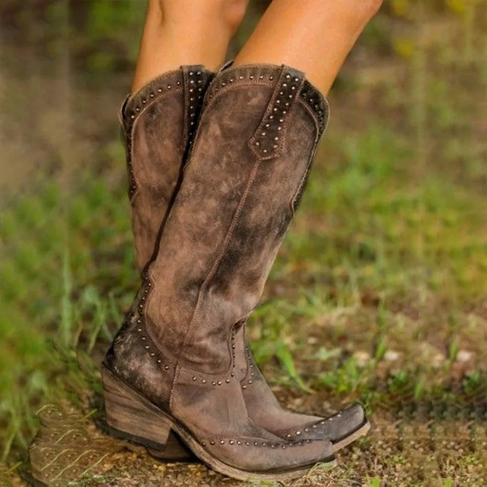 Botas vaqueras con remaches para mujer, botines Retro de cuero Pu, Botas  Largas puntiagudas, estilo romano, para otoño e invierno, 2021|Botas a  media pantorrilla| - AliExpress