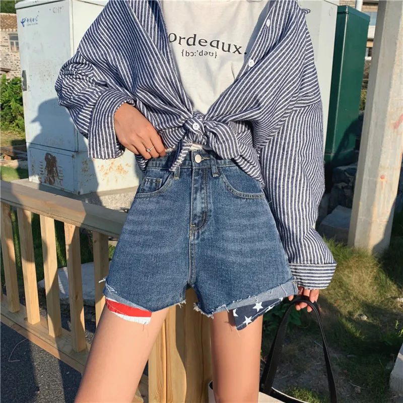S-xl 2 цвета летние шорты с высокой талией feminino джинсовые шорты с карманами лоскутные джинсы женские повседневные шорты(Z6631