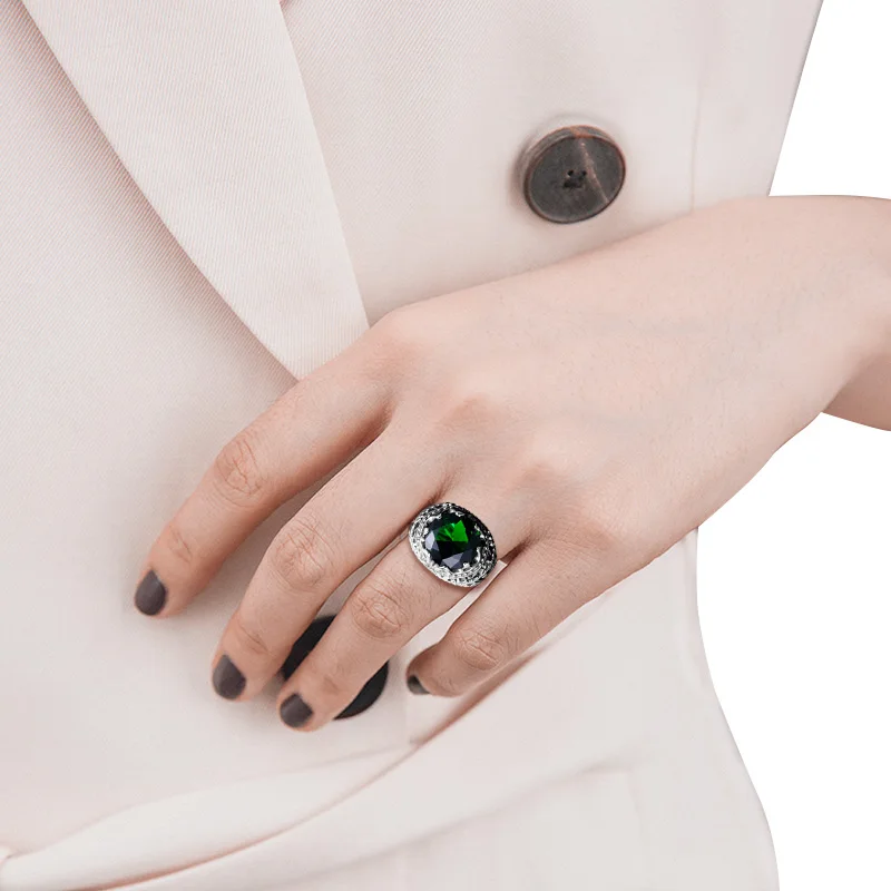 Szjinao Real 925 Sterling Silver 13*13m Round Wedding Emerald Men's Ring Gemstone Birthday Stone Vintage Unisex Turkish Jewelry - Image 6