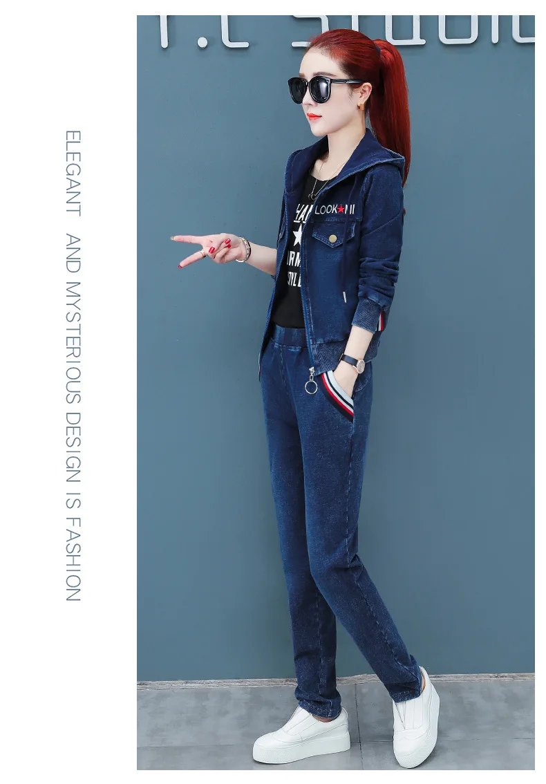 Джинсовый комплект из двух предметов; Спортивный костюм для женщин; Vetement Femme; коллекция года; Conjunto Feminino; джинсы; куртка с капюшоном и брюки; уличная одежда; Подходящие комплекты
