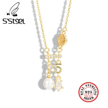 

S'STEEL Zircon Necklaces 925 Sterling Silver For Women Shell Pearl Flower Chain Designer Number Pendants Necklcae Fine Jewellery