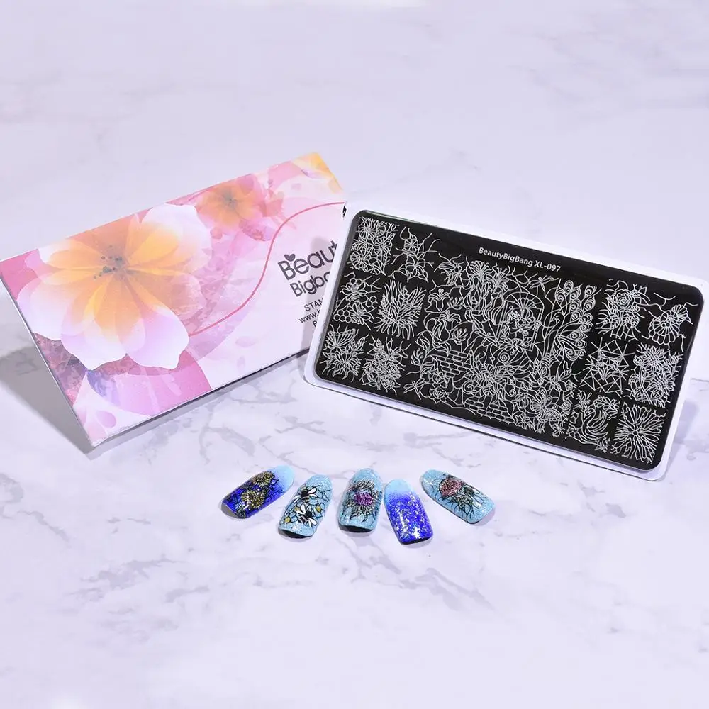 BEAUTYBIGBANG прямоугольные пластины для штамповки ногтей цветок бабочка Смешанный узор дизайн ногтей изображения инструменты штамп Шаблон трафарет