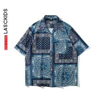 

LASCKIDS Men Shirt Printed Hawaiian Beach Tops Summer Short Sleeve Shirts Black Blue Brown KI8008