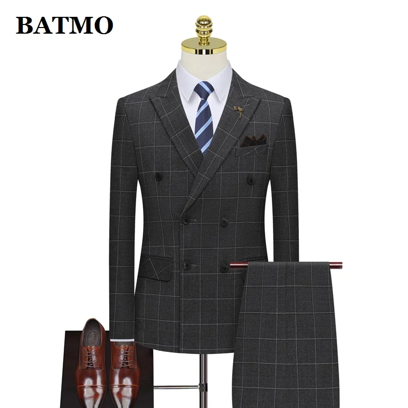 

BATMO 2021 new arrival double breasted plaid casual men suits,wedding suits for men, SJT864