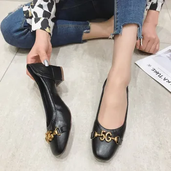 

Fashion Brand Women's Pumps 2020 Spring Autumn Metal Button Square Toe Women Med High Heels Shoes Ladies Work Single Shoes Black