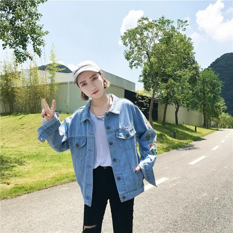 

Light Color Jeans Coat Women's Loose-Fit BF Short Embroidery Flowers Versatile Korean-style Slim Fit Slimming New Style Tops
