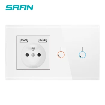 

SRAN French touch sensor switch with socket with usb crystal glass 146*86 220V 16A wall socket with light switch 1/2/3 gang