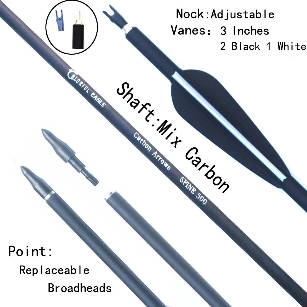 Carbon Arrows for Archery Hunting with Replaceable Arrowheads, Spine 500