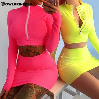 

OWLPRINCESS 2019 New Sexy 2 Pieces Sets Turtleneck Long Sleeve Zipper Bodycon Crop Tops Mini Skirt Winter Women Outdoor Set