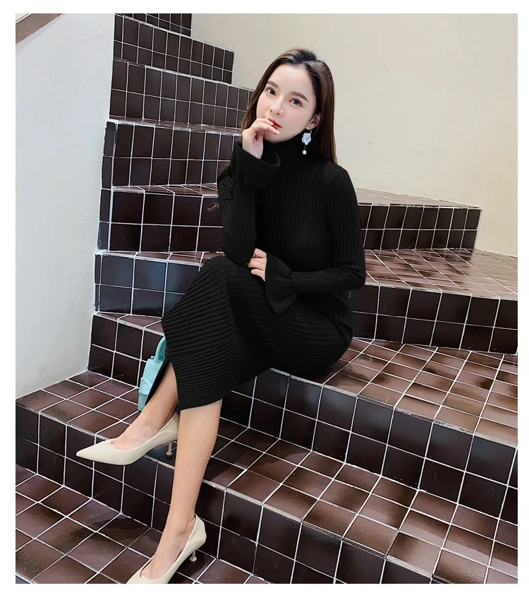 TiLeewon, новинка, Модный женский длинный свитер, однотонный, с высоким воротом, Повседневный, вязанный, с расклешенными рукавами, зимний свитер