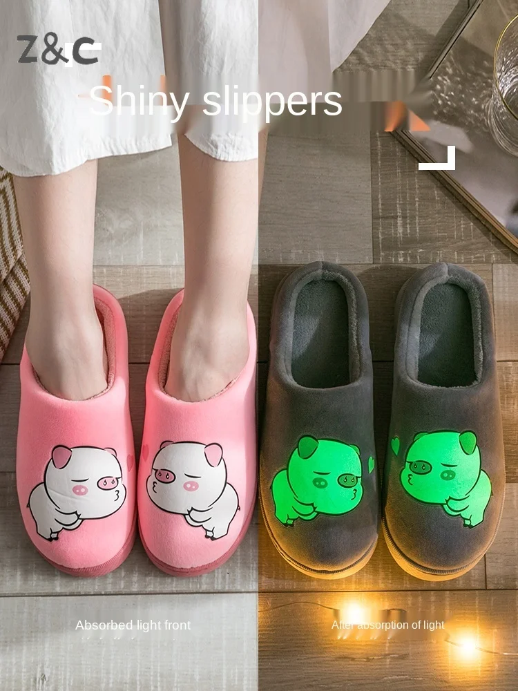 

Luminous slippers Winter home use antiskid thick bottom warm fur lovely couple slippers furry slides for women fashion shoes