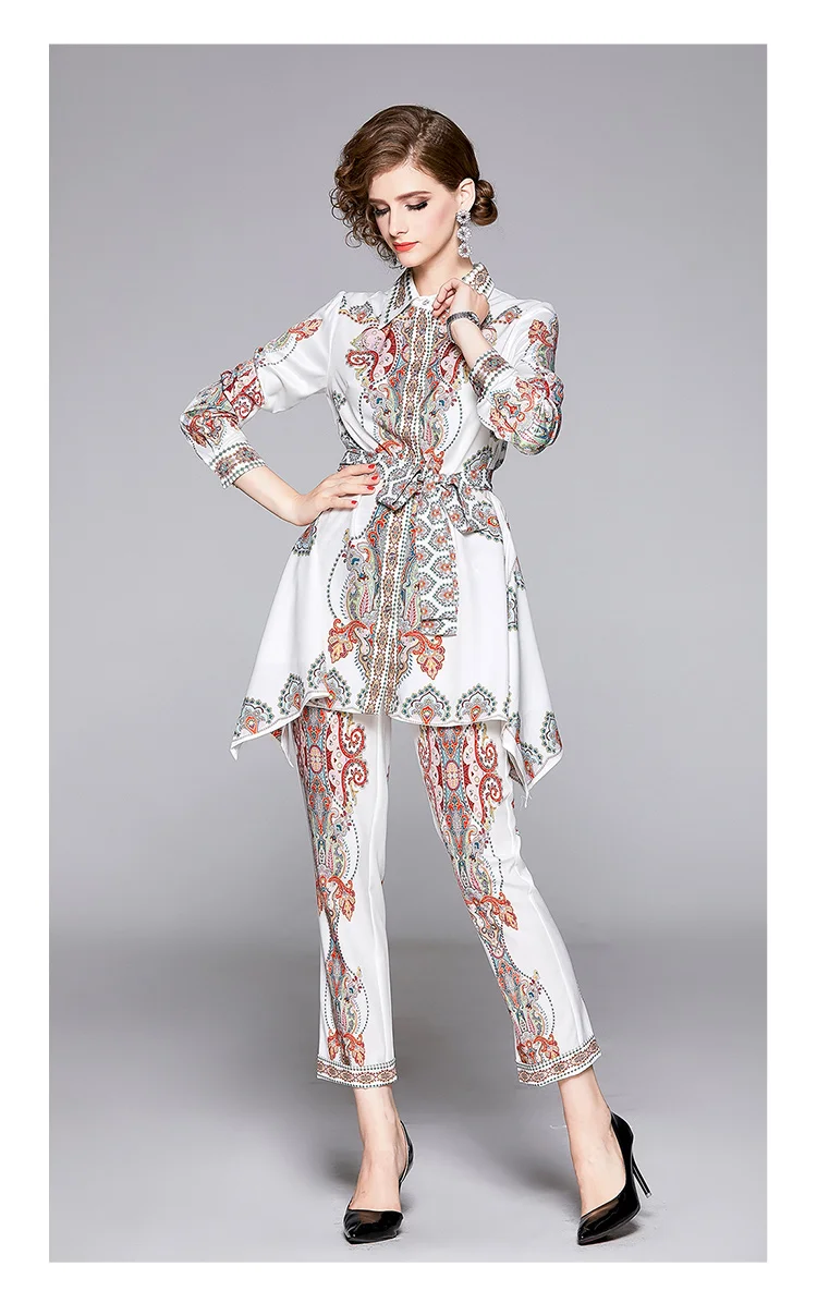 Осенне-зимний модный подиумный брючный костюм, Женский винтажный комплект из двух предметов, с принтом, с поясом, с бантом, необычная длинная рубашка, блузка+ брюки-карандаш