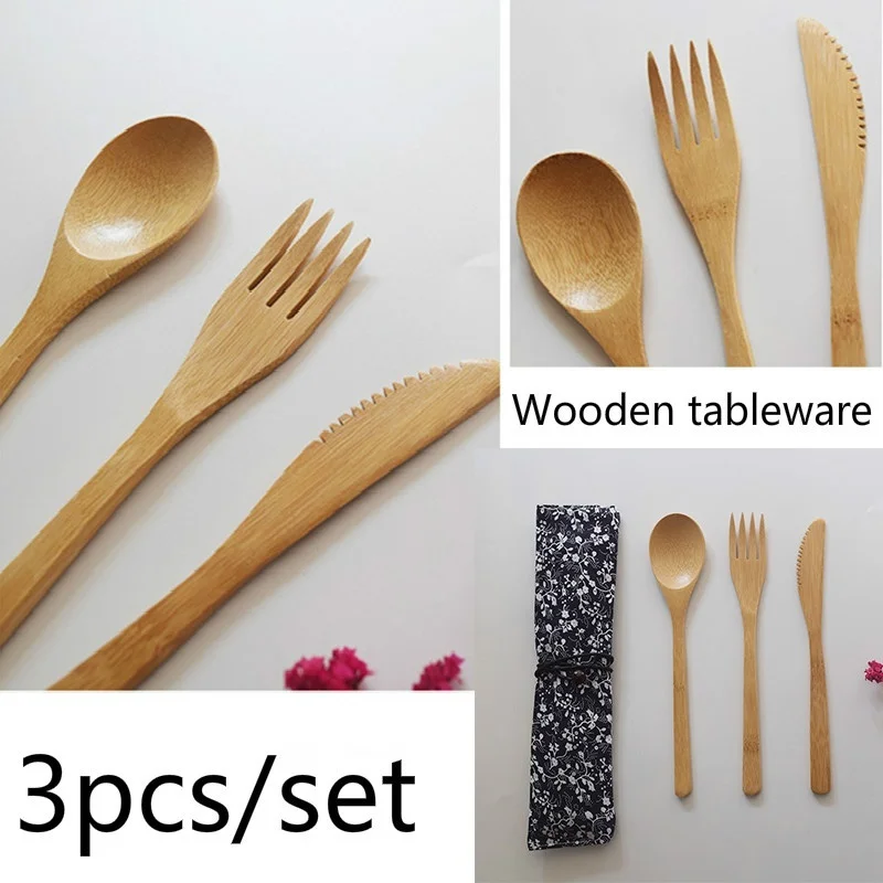 

3Pc/set Japanese Style Wooden Dinner Set Bamboo Fork Knife Soup Teaspoon Catering Jam Cutlery Set Cooking Tools Kitchen tools