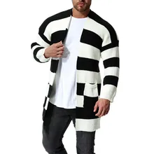 Модный мужской кардиган, свитер, верхняя одежда, черный, белый цвет, в полоску, с карманами, длинный мужской вязаный свитер, осенняя, зимняя одежда размера плюс