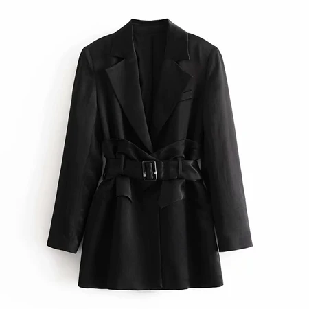 Женский черный блейзер с поясом, платье, осень, элегантный свободный женский пиджак с длинным рукавом, офисное Женское пальто, весна, шик 9O002 - Цвет: Черный