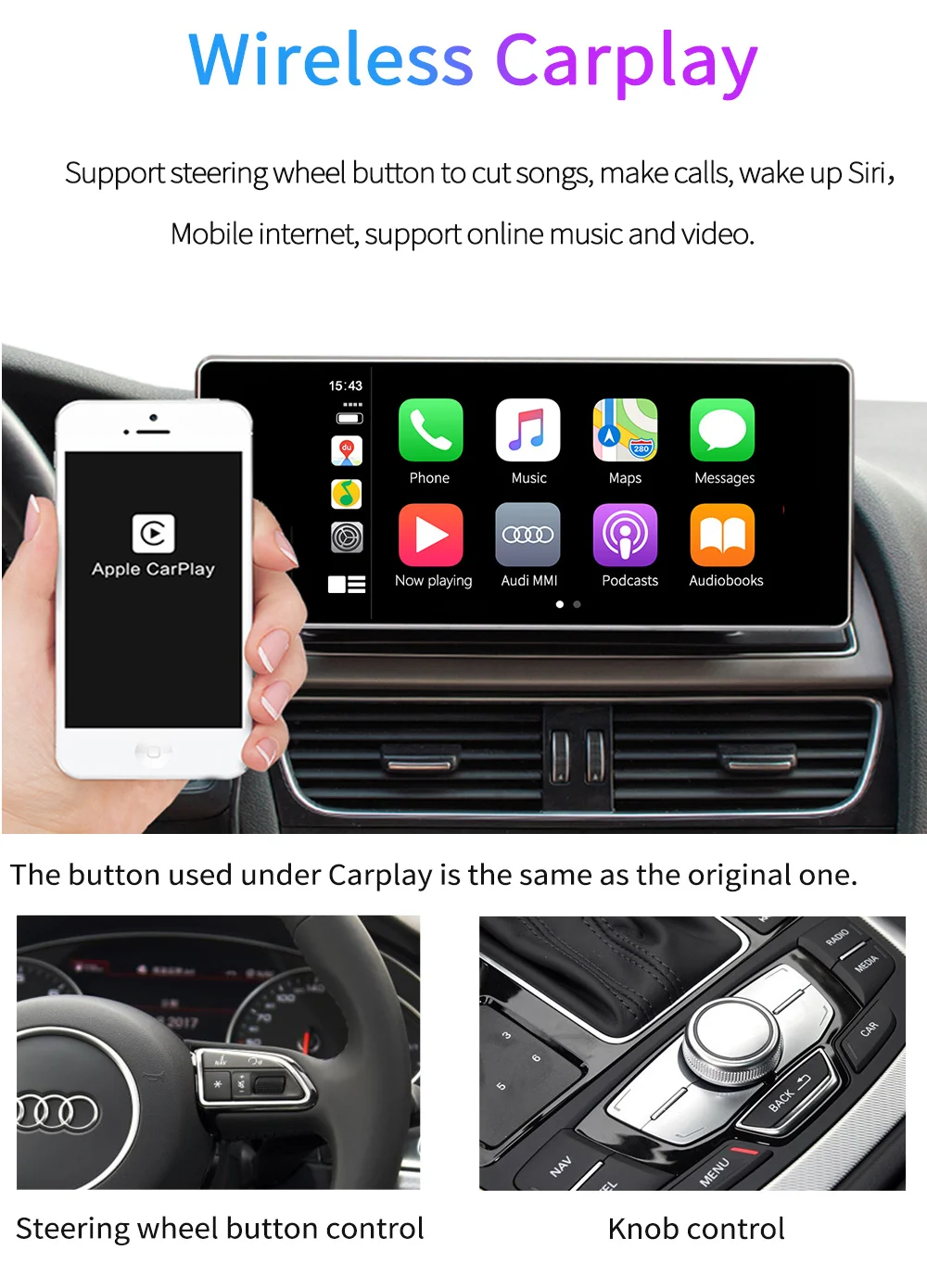 Carlinkit беспроводной Apple CarPlay Android авто для 2009- Audi A5 S5 MMI 3g/3g+ интерфейс MuItimedia CarPlay и Android авто