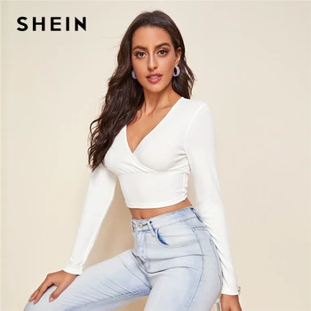 

SHEIN Surplice Neck Rib-knit Solid Top Crop T-Shirt Women Autumn Long Sleeve Wrap Slim Fitted Stretchy Casual Tees