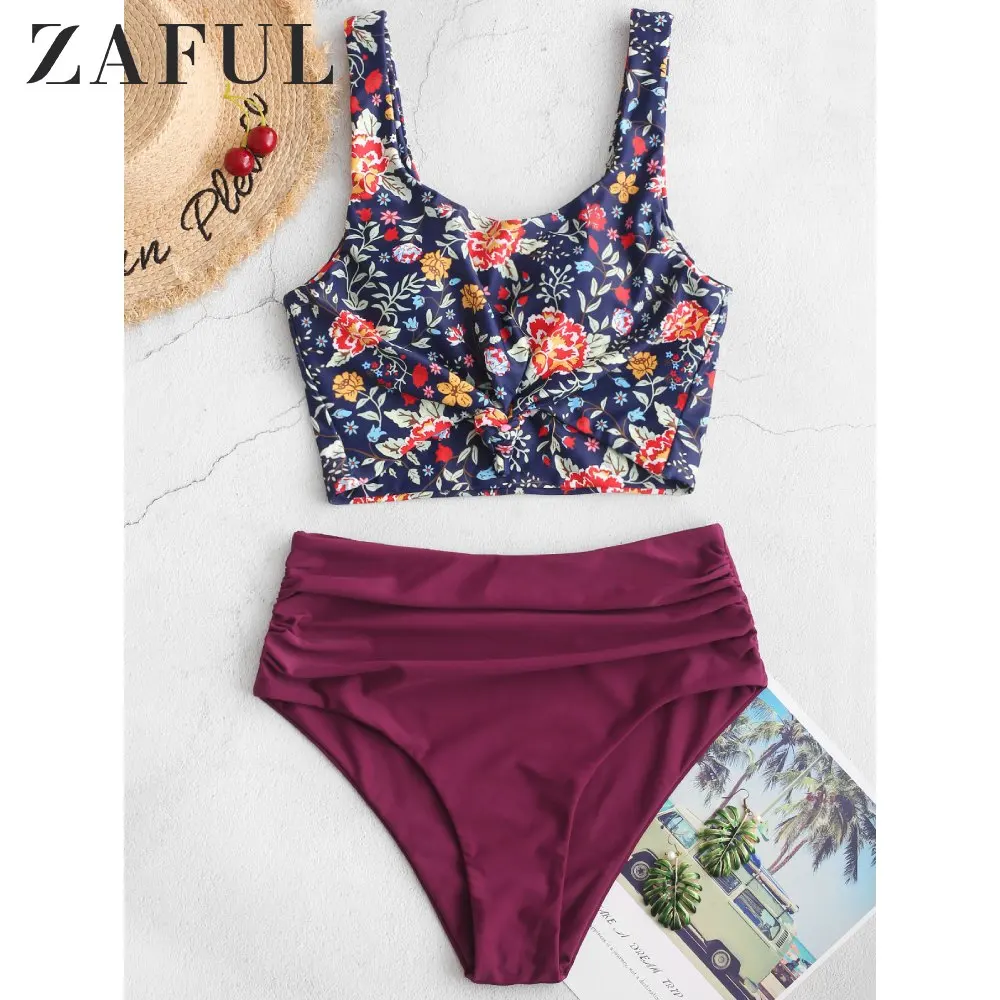 Женский купальник танкини ZAFUL с рюшами узлом и растительным принтом