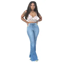Women Casual Striped Fringe Bell-Bottom Pants Streetwear High Waist Jeans Party Pockets Wide Leg Trousers