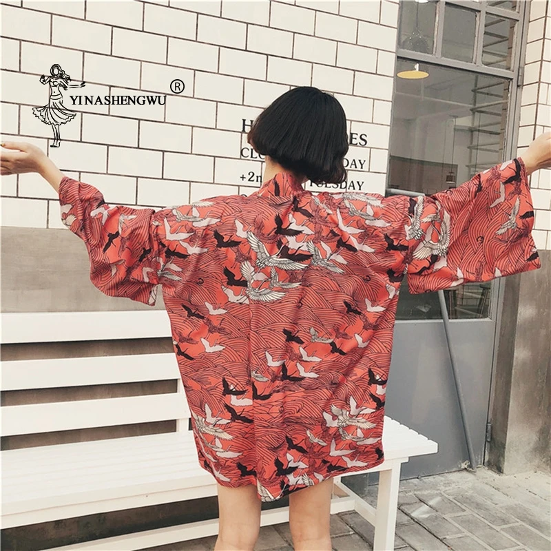 Красное кимоно японский журавль печати кардиган женский Свободная рубашка Топы повседневные кимоно пальто юката Женские кимоно азиатская одежда кимоно