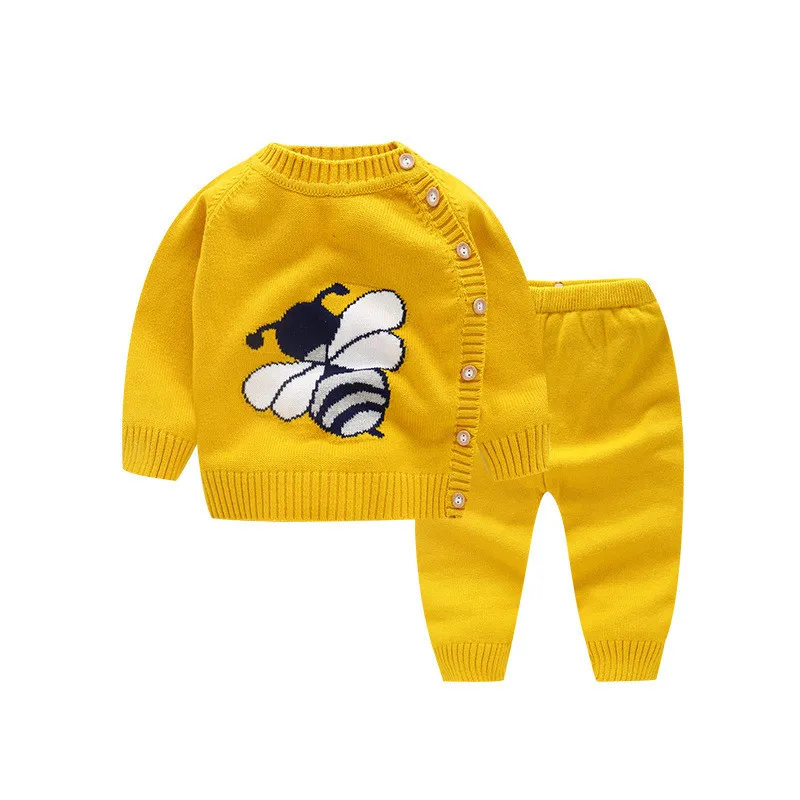 LOOZYKIT/осенний свитер для новорожденных девочек; Топы+ штаны; Комплект для малышей; детская одежда; Спортивный костюм для девочек; вязаный костюм для мальчиков; комплекты одежды для детей - Цвет: C yellow