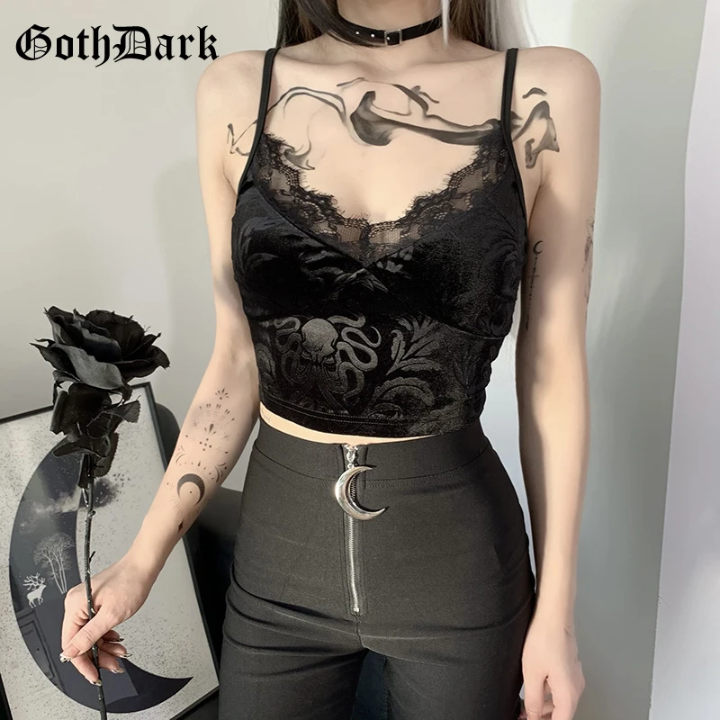 

Goth Dark Vintage Gothic Velvet Black Women Camis Grunge Punk Sexy Lace Trim Bodycon Crop Tops Elegant Backless Emo Streetwear