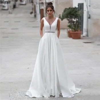 

Simple Satin A Line Beach Wedding Dresses V Neck Open Back Sleeveless Wedding Bridal Gowns Bohemia Vestido De Noiva Floor Length