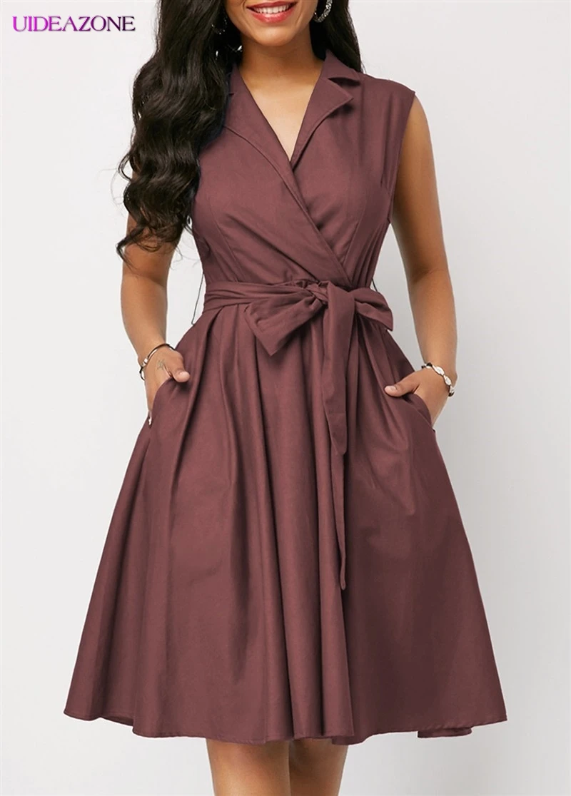 

UIDEAZONE 2019 New Turn-Down Neck Pleated Dress Women Solid Lace Up Bow A-line Dresses OL Elegant Work Wear Business Vestidos