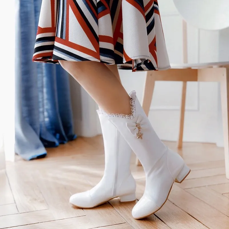 

US4-11 Womens Round Toe Mid Calf Boots Bowknot Lace Rhinestones Star Decor Chunky Low Heel Wedding Shoes Plus Size Black White