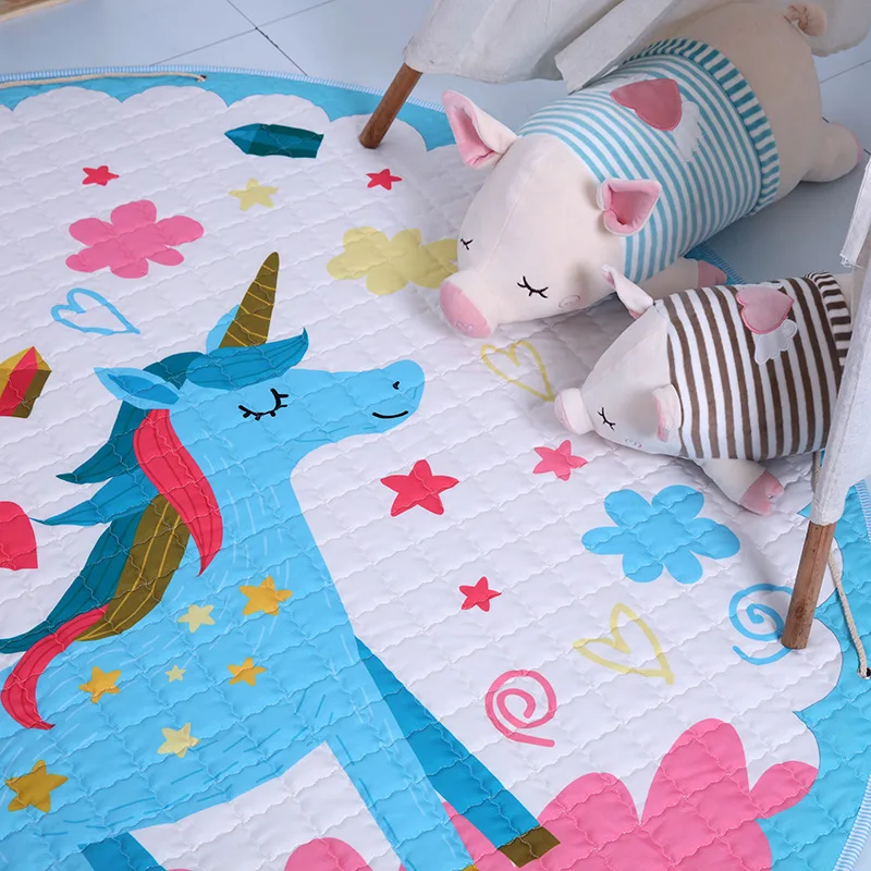 Ins Round Carpet Cartoon Printed Soft Carpets Anti-slip Rugs Mat Floor Mat for Home Kids Room Storage Bag