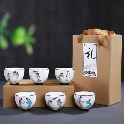 Керамический набор чашек, чайные чашки Цзиндэчжэнь, костяного фарфора, чайная чаша для дома, кунг-фу, белый фарфоровый подарок, коробка, 6 упаковок, черная чайная посуда