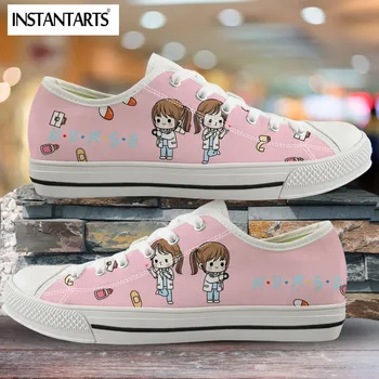 

INSTANTARTS Cartoon Nurse Pink Design Flats Shoes for Women Low Top Canvas Shoe Lace Up Breathable Walking Sneakers Light Weight