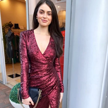 

Seamyla Autumn Sequined Long Sleeve V Neck Dress Women Sexy Luxury Bodycon Slit Evening Celebrity Party Club Dresses Vestidos