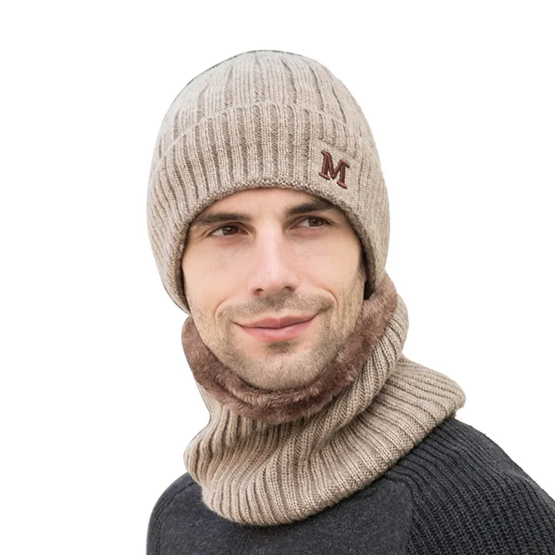 Комплект из 2 предметов, повседневная шапка+ шарф, модный мужской комплект, новинка, зимние теплые вязаные плотные шапки с черепом и мягкие плюшевые шерстяные шарфы - Цвет: khaki