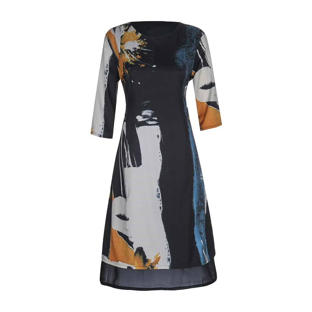 Bohemian Retro Printed Long Dress O-neck 3/4 Sleeve Big Hem Women Autumn Winter Dress  Elegant Party Casual Vestidos De 828