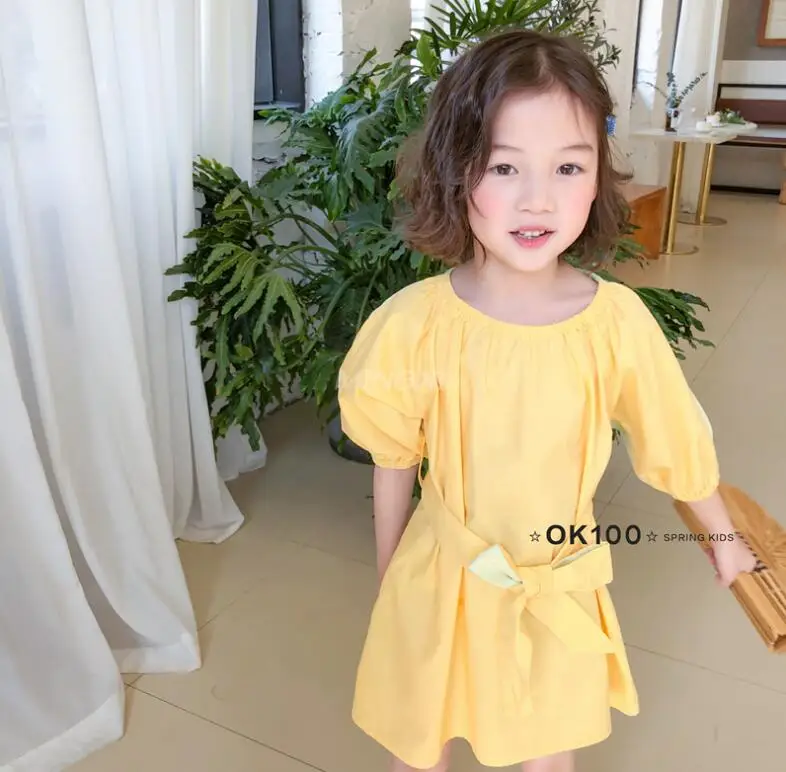 Весенние желтые платья принцессы с бантом для девочек детское модное платье 5 шт./партия