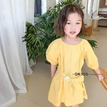 Весенние желтые платья принцессы с бантом для девочек детское модное платье 5 шт./партия