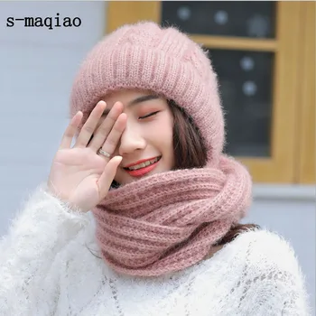 

Winter Hat Scarf Set Female Thick Warm Hat Cycling Neck Scarf For Women Knitted Hat Scarf One-piece Hat