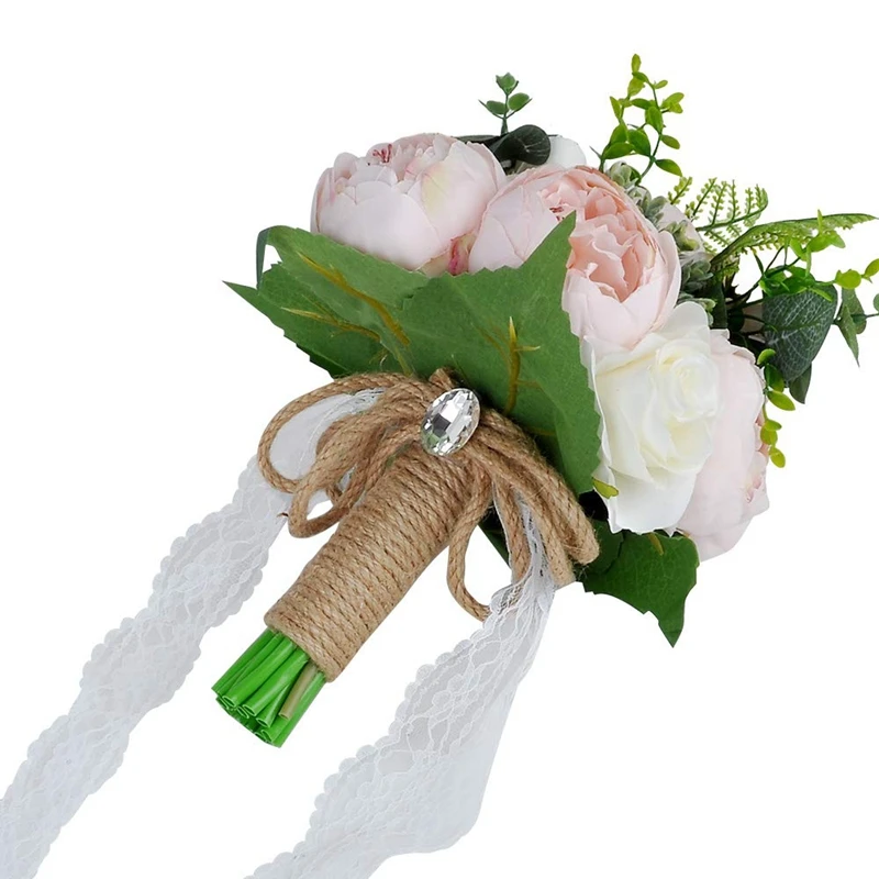 Wedding Bridal Bouquet,9.8 Inch Wedding Bridal Bouquet,Wedding Simulation Bouquet,Natural Jute Wrap,Crystal Wedding Chapel Party