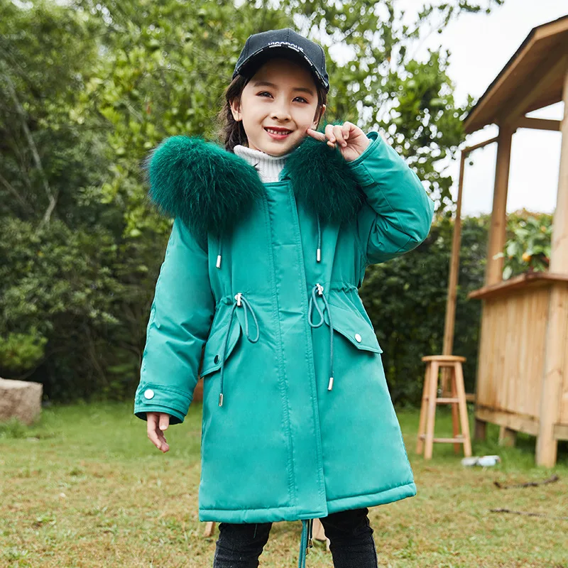 Зимняя куртка для девочек, парка однотонное пуховое пальто средней длины с капюшоном и воротником из натурального меха с теплой шерстяной подкладкой для От 5 до 14 лет, верхняя одежда - Цвет: Green