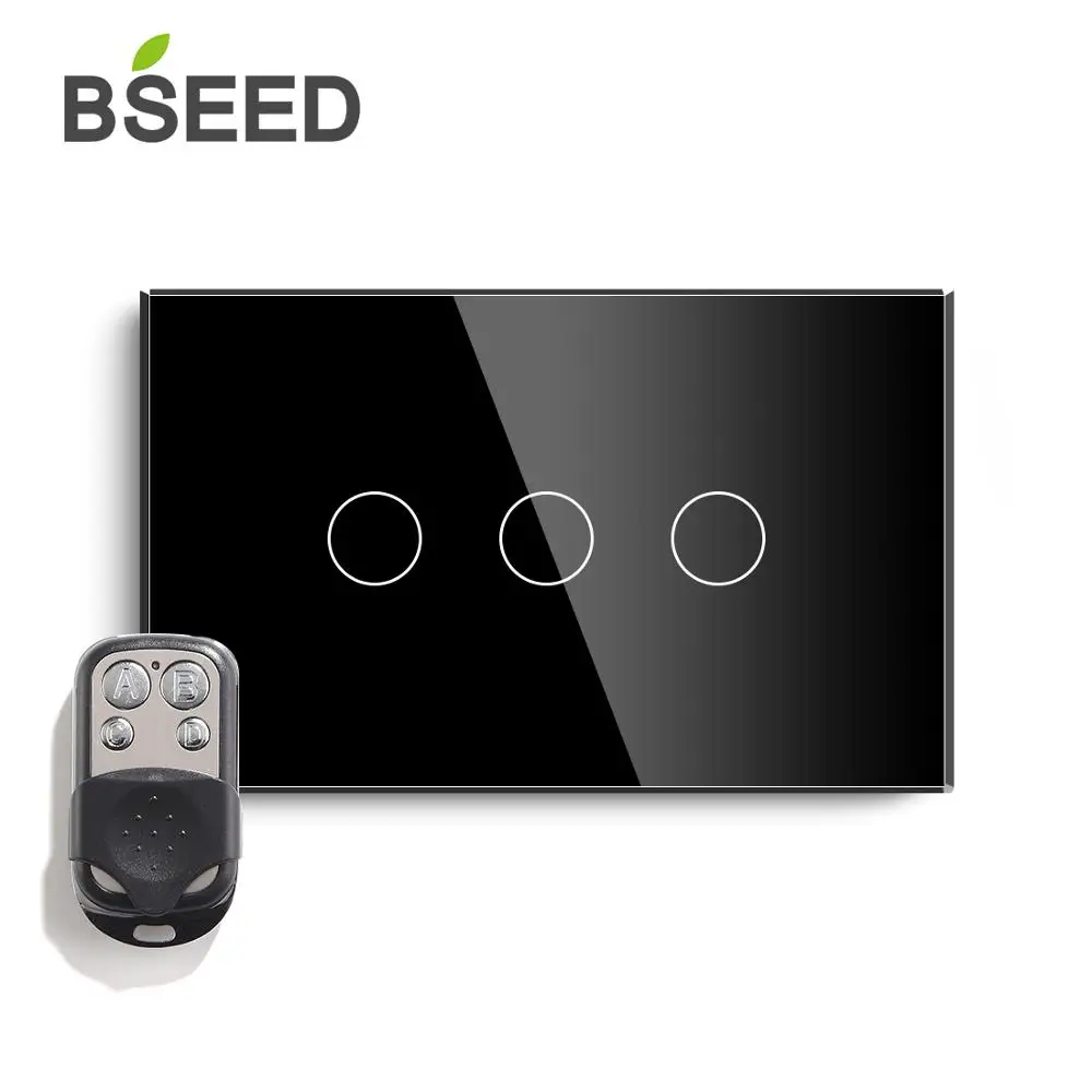 Сенсорный выключатель Bseed US, 3 комплекта, 1 способ, 2 способа, дистанционный светильник, 443 МГц, пульт дистанционного управления, кристалл класса, панель, умный переключатель, включает Пульт дистанционного управления - Цвет: Черный