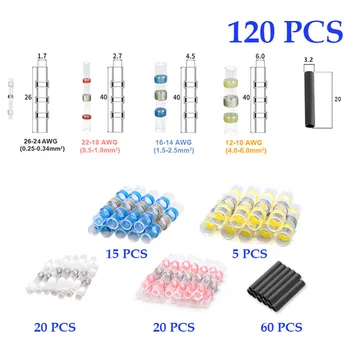 

120pcs Waterproof Solder Seal Sleeves Heat Shrink Butt Wire Connectors Electrical Cable Splice Tinned Terminals 26-10AWG
